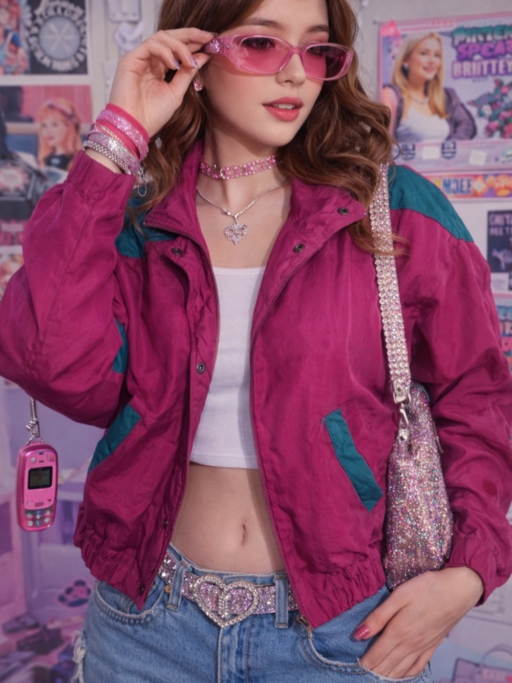 Express Magenta Bomber Jacket with Teal Accents